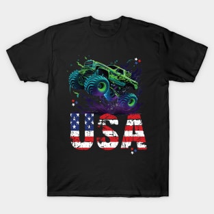 USA Monster Truck American Flag 4th July Men Boys Girls Race T-Shirt